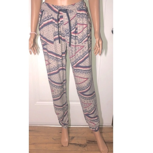 Rewash Pants - Rewash Boho Style casual pants Beige with pink and navy blue print Medium